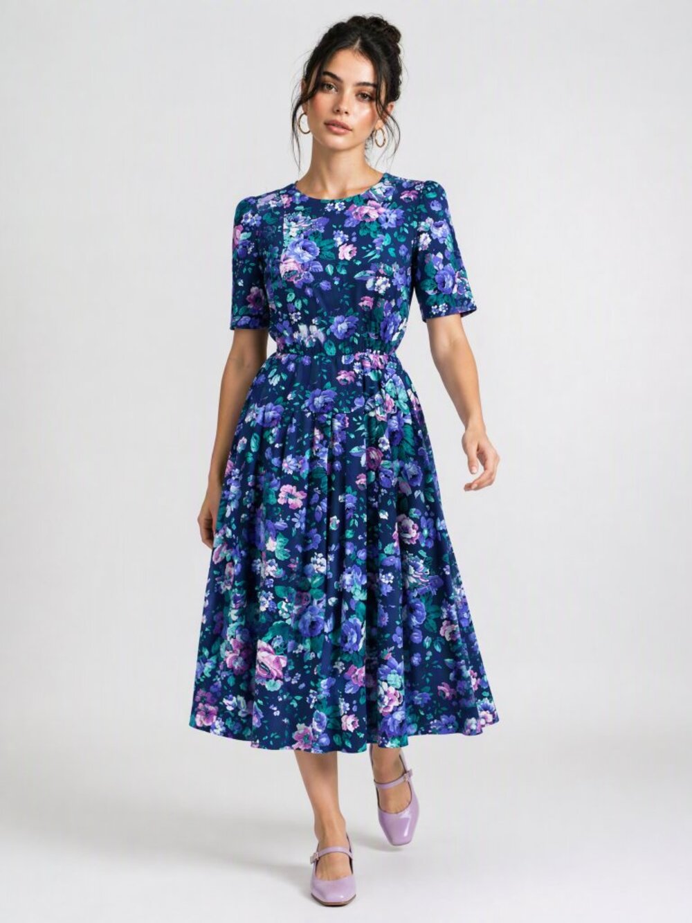 Vintage 80's E.D. Michaels Long Purple Pink Navy Floral Cottagecore Dress 8